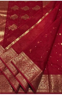 Red Handloom Chanderi Silk Cotton Ghani Booti Saree Rs. 10,080.00 Chanderi Saree Blouse Design, Chanderi Silk Saree With Price, Red Jamdani Saree, Benares Sarees, Red Chanderi Saree, Saree Skirt, Lace Blouse Design, Indian Wedding Gowns, Seashell Wedding