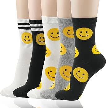 kikiya socks Women Crew Socks | 4-6 Pairs Smiley Face Heart Funny Cute Novelty Casual Ladies & Girls Cotton Socks | US 6-8 Big Smiley Face, Smiley Face Print, Fruit Graphic, Korean Socks, Socks Womens, Bear Character, Women Crew Socks, Patterned Socks, Athletic Socks