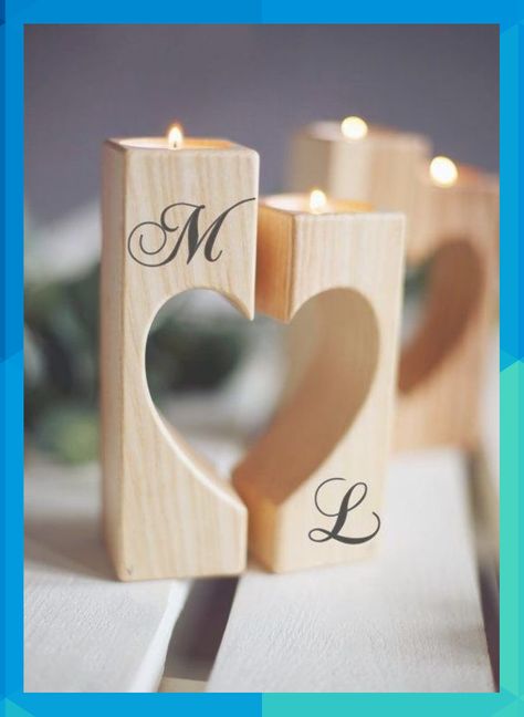 Wedding Candle Holders Wood Rustic Candle by WoodenEngravedShop #madgecasper848 Candle Holders Wood, Engraved Candles, Wood Engraved Gifts, Lilin Aroma, Personalised Wedding Candles, Heart Shaped Candles, Candle Sticks Wedding, Rustic Wedding Decorations, Rustic Candle