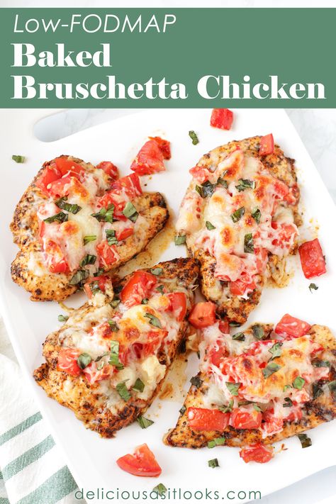 Low FODMAP Baked Bruschetta Chicken - Delicious as it Looks Gut Friendly Chicken Recipes, Lofod Map Recipes, Low Fodmap Sheet Pan Dinners, Low Fodmap Summer Recipes, Low Fod Map Dinner Recipes, Low Fodmap Casserole Recipes, Lowfodmap Easy Dinner, Low Fod Map Dinner, Easy Fodmap Recipes