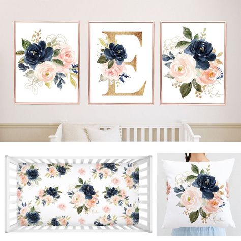 Pink And Navy Blue Nursery, Navy Blue And Pink Nursery Girl, Blue Flower Nursery, Girls Navy Blue Bedroom Ideas, Navy Blue Nursery Girl, Cute Nursery Ideas Girl, Pink And Blue Nursery Girl, Baby Girl Nursery Color Schemes, Blush Nursery Ideas