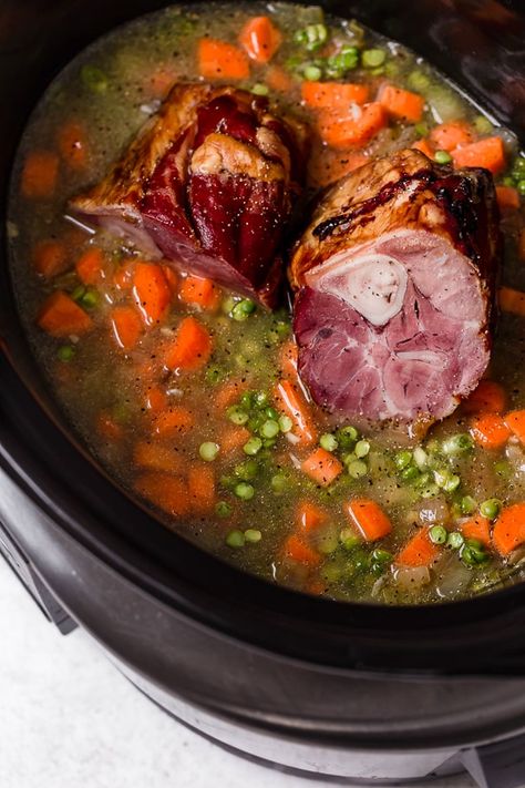 busy weeknight meals. It's also freezer friendly, so you can make a batch and freeze the leftovers for another night. Pea Soup With Ham Hock, Soup With Ham Hock, Pea Soup Crockpot, Split Pea Soup Slow Cooker, Easy Split Pea Soup, Slow Cooker Split Pea Soup, Ham Hock Soup, Split Pea Soup Crockpot, Split Pea Soup With Ham