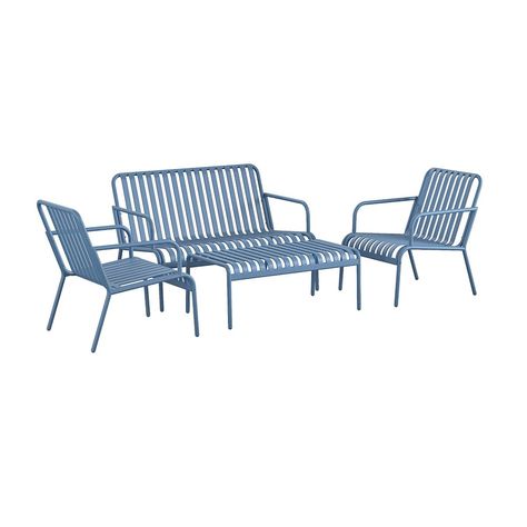 Outdoor Wire Furniture, Teal Patio Furniture, Patio Dining And Lounge Area, Blue And White Patio, Colorful Patio Furniture, Drink With Friends, Cottage Outdoor, Colorful Patio, Patio Couch