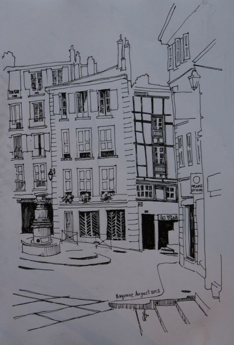 Pen sketch of old town shopping square- Bayonne. Town Square Drawing, Square Drawing, West France, Craft Things, Town Square, Pen Sketch, South West, Short Story, Toulouse