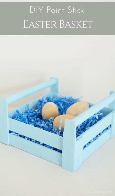 DIY Easter Basket | Paint stir stick crate, diy crate, easter crafts, easter crate  #easter #diycrate #beginnerwoodworking #paintstirstickcraft #kidscrafts #easter basket Make Your Own Easter Basket, Paint Stir Stick Crafts, Make An Easter Basket, Painted Sticks Diy, Wood Easter Basket, Diy Easter Basket, Sticks Diy, Cardboard Crafts Kids, Country Spring