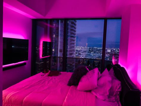 Downtown LA pink LED vibes Led Aesthetic Bedroom, Pink Led Bedroom, Led House Aesthetic, Pink Led Room, Dream Apartment Decor Bedroom, Led Apartment Aesthetic, Apartment Led Lights, Downtown La Apartment, Led Apartment