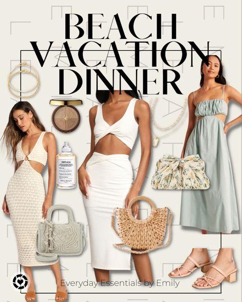 Neutral Beach Vacation Outfits, Beach Neutral Outfits, Dinner By The Beach Outfit, Resort Night Outfit, Summer Night Dinner Outfit, Beach Dinner Outfit Summer Nights, Beach Restaurant Outfit, Neutral Vacation Outfit, Beachy Cover-up For Resort Season