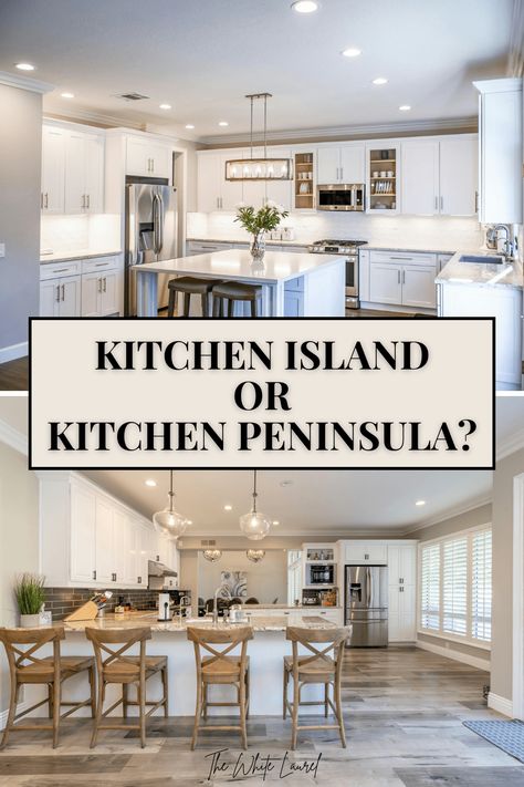 Kitchen Island Or Peninsula: Which Is Better? - The White Laurel Island Or Peninsula Kitchen, Peninsula To Island Kitchen Remodel, Peninsula Island Kitchen, Kitchen Design With Peninsula, Kitchen With Island And Peninsula, Kitchen Island Against Wall, Kitchen Peninsula Attached To Wall, Kitchen Peninsula And Island, Single Wall Kitchen With Island