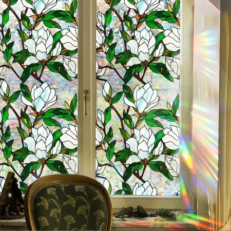 Rainbow Prismatic Window Film Double sided Floral Leaf - Temu Peel And Stick Stained Glass Window Art, Stain Glass Stickers, Privacy Screen Window, Glass On Glass Mosaic Window, Floral Window Display, Vancouver Life, Windows Decor, Stained Glass Window Clings, Stain Glass Window Art