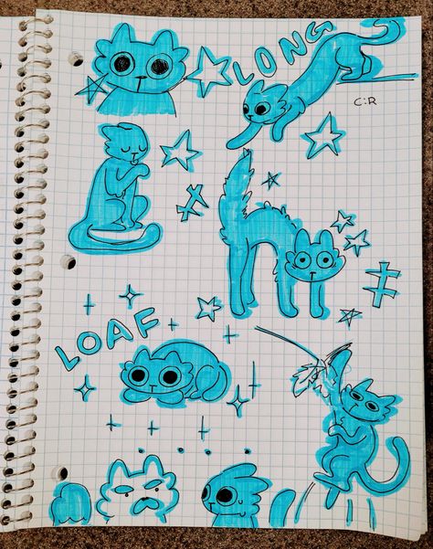 its a blue cat. Cat Sketchbook Page, Blue Sketchbook Page, Cats Art Drawing, Art Style Challenge, Posca Marker, Cat Sketch, Cute Doodles Drawings, Blue Cat, Sketchbook Ideas