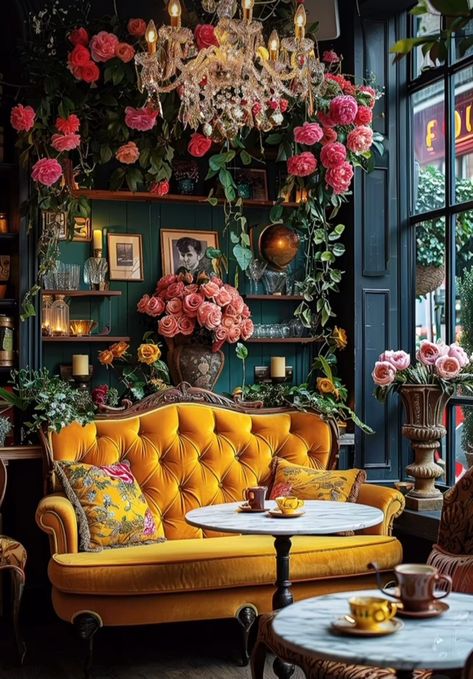 Whimsy Living Room, Maximalist Salon Decor, Maximalist Porch, Eclectic Cafe, Vintage Maximalism, Decor Inspiration Diy, Living Space Decor, Curated Home, Dark Home Decor