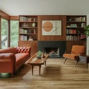 Mcm Fireplace, Midcentury Modern Fireplace, Midcentury Modern Living Room, Mcm Living Room, 60s Interior, Mid Century Bookcase, Midcentury Interior, Modern Living Room Ideas, Mid Century Modern Interior Design