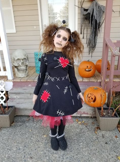 Scary Dolls Costume, Voodoo Dolls Costume, Diy Creepy Doll Costume, Scary Doll Costume For Kids, Creepy Doll Costume For Kids, Voodoo Doll Costume Diy, Vodoo Doll Costume, Voodoo Doll Makeup Halloween, Doll Costume Women