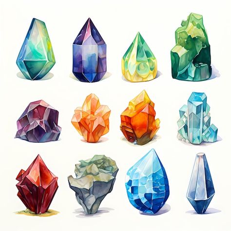 Gem Illustration Gemstones, Gemstone Colour Palette, Drawing Gemstones, Crystals Art Drawing, Gemstone Painting, Watercolor Gem, Body Modification, Style Finder, Crystal Shapes