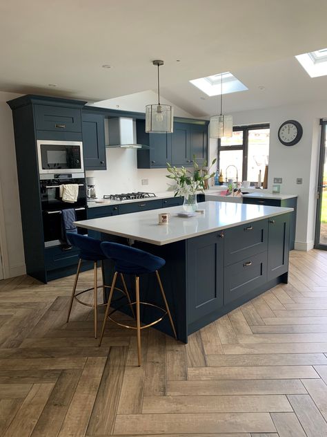 Kitchen Island Pendants Cobham Blue Kitchen, Blue Modern Kitchen Design, Navy Kitchen Wooden Floor, Blue Kitchen Diner, Shaker Kitchen Diner, Blue Open Plan Kitchen Living Room, Blue Kitchen Flooring Ideas, Blue Open Plan Kitchen, Open Plan Kitchen Layout