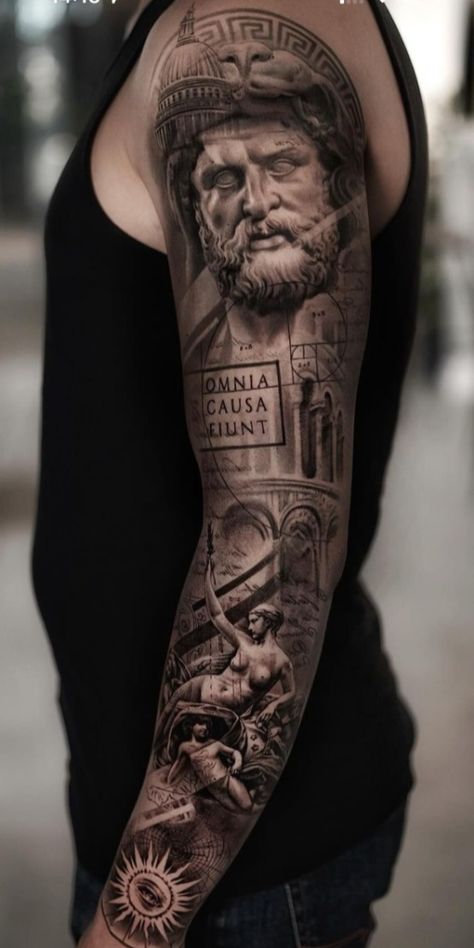 Roman Tattoo Sleeve, Weight Of The World Tattoo, Roman Style Tattoo, Roman Tattoos For Men, Rome Tattoo, Geometric Tattoo Sleeve Designs, Athena Tattoo, Roman Tattoo, Italian Tattoos