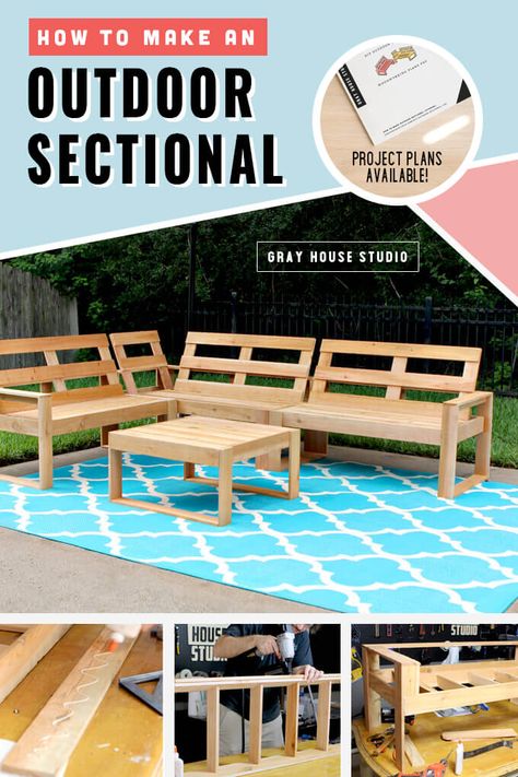 How to make an inexpensive outdoor sectional our of cedar planks. We built our wood sectional for right at under $100. We have DIY Woodworking plans available to build our outdoor sectional.  #woodworkingplans #diyoutdoorfurniture #backyardideas Diy Outdoor Sofa With Chaise, Diy Deck Sectional, Outdoor Sectional Diy Furniture Plans, Diy Wood Sectional Outdoor Seating, Diy Outdoor Sectional Plans, Outdoor Sectional Diy, Diy Patio Sectional, Patio Sectional Diy, Outdoor Furniture Woodworking Plans