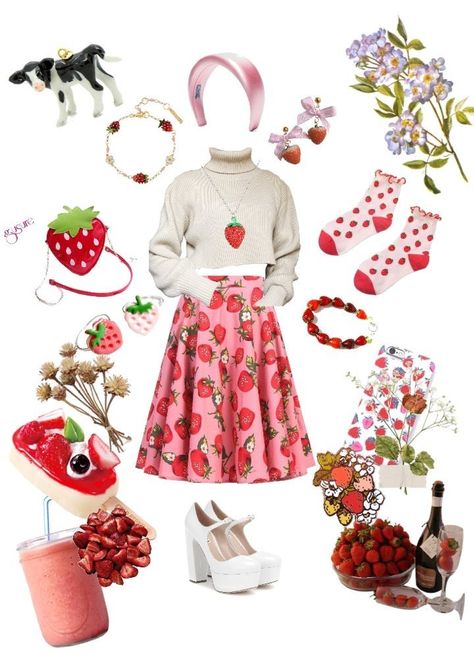 Fruit Themed Outfits Aesthetic, Cute Strawberry Outfit, Strawberrycore Outfits, Strawberry Shortcake Outfit Inspiration, Strawberry Aesthetic Outfit, Strawberrycore Aesthetic, Lovecore Aesthetic Outfit, Fruit Outfits, Strawberry Fashion