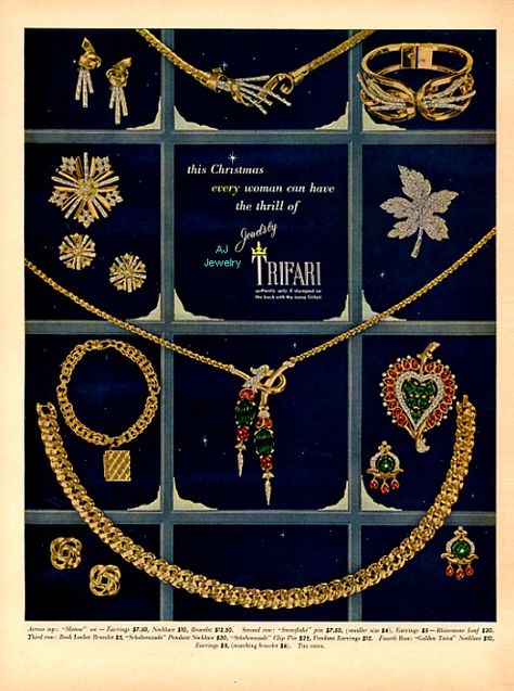 1949 - TRIFARI - ADS - "Christmas Collection 1949" - "This Christmas every woman will have the thrill of Jewelry by Trifari" - ??? Jewellery Advertising, Patti Hansen, Lauren Hutton, Book Pieces, Trifari Jewelry, Jewelry Ads, Vintage Trifari, Jewelry Workshop, Hinged Bracelet