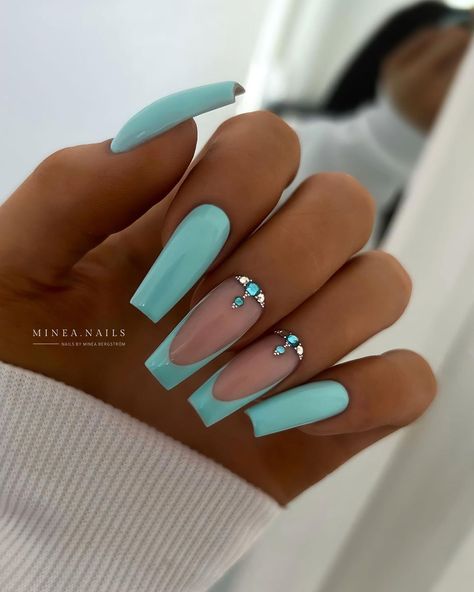 Teal Nail Designs, Coffin French, Blue Coffin Nails, Teal Nails, Turquoise Nails, French Tip Nail Designs, Nails Today, Smink Inspiration, White Nail