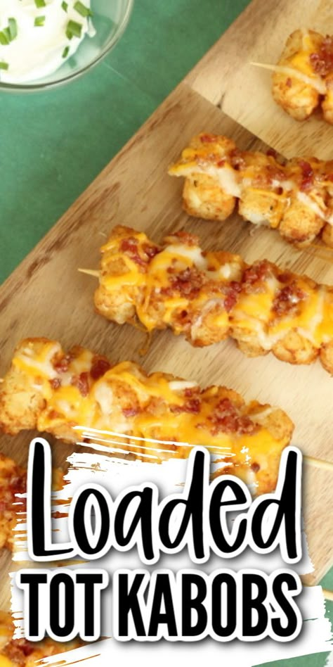 Add cheese and bacon to tater tot skewers then dip them in the toppings of your choice. You will love this simple appetizer and how great it tastes! #appetizer #recipe #party #yum Tater Tot Screwers, Simple Horderves Appetizers, Best Camping Appetizers, Hockey Appetizers, Easy Potato Appetizers For A Party, Tater Tot Skewers Appetizers, Camping Appetizers Easy, Potatoe Appetizer, Potato Appetizer Recipes