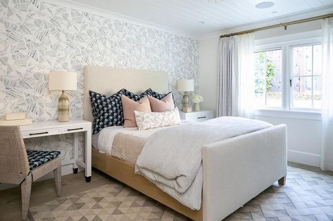 Blush Pink Pillows, Bedroom With Accent Wall, Modern Manor, Light Grey Bedding, Beige Bedding, Brooke Wagner Design, Brooke Wagner, Grey Interior Design, Black And White Pillows