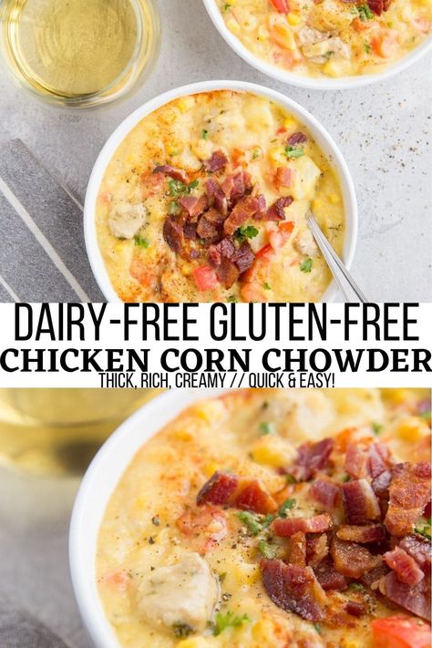 Dairy-Free Chicken Corn Chowder - The Roasted Root Whole 30 Corn Chowder, Dairy Free Potato Corn Chowder, The Best Corn Chowder, Paleo Corn Chowder, Hearty Dairy Free Soups, Chicken Potato Soup Dairy Free, Easy Dairy Free Soup, Dairy Free Gluten Free Chicken Recipes, Soup Recipes Without Dairy