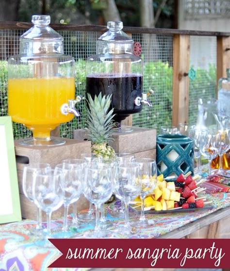 summer sangria party by Centsational Girl and World Market Fruit Bar Wedding, Sangria Station, Wedding Sangria, Diy Sangria, Sangria Party, Sangria Bar, Drink Stations, Sparkling Juice, Cinnamon Coffee Cake