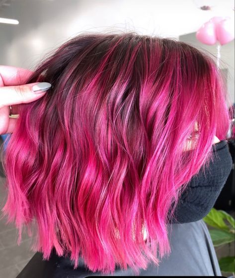 Bright Pink Ombre Hair, Rooty Pink Hair, Fushia Balayage Hair, Short Pink Hair Dark Roots, Black To Pink Ombre Hair Short, Pink Hair Color Ideas For Brunettes Short Hair, Pink Tinted Hair Brunette, Pink Faded Hair, Hot Pink Hair With Dark Roots