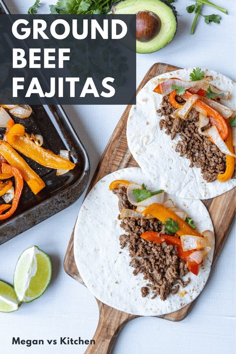 You should makes these easy 30 minute Ground Beef Fajitas for dinner tonight! They have spicy chipotle ground beef with mounds of roasted bell peppers and onions. You will never make your tacos the same way again. Looking for an easy ground beef dish to make this week? I got you. Ground Beef Fajitas, Beef Fajita Recipe, Meat And Veggies, Balanced Recipes, Fajita Spices, Beef Fajitas, Easy Ground Beef, Ground Beef Dishes, Hamburger Meat Recipes