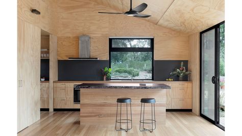 A Shed-Inspired Home, Designed To Age Gracefully Corrugated Metal Siding, One Bedroom House, Plywood Interior, Modern Barn House, Metal Siding, Shed Homes, Corrugated Metal, Modern Barn, Wood Countertops