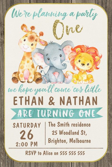 Elephant Invitations, Jungle Birthday Invitations, Zoo Birthday Party, 1st Birthday Invitation Template, Boys First Birthday, Safari Animals Birthday, Wild Birthday Party, Animal Birthday Invitation, Boys First Birthday Party Ideas