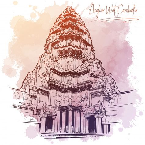 Centerpiece of the angkor wat temple. li... | Premium Vector #Freepik #vector #watercolor #city #building #forest Khmer New Year, Temple Tattoo, Mount Meru, Old Cartoon Shows, Angkor Wat Cambodia, Cambodian Art, Angkor Wat Temple, Diy Friendship Bracelets Tutorial, Watercolour Texture Background