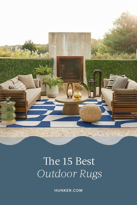 Giving your outdoor space a makeover is just as fun as decorating inside your home. And if there's one thing that can take your patio to the next level, it's an outdoor rug. #hunkerhome #outdoorrug #outdoorrugideas #outdoordecor Outdoor Patio With Rug, Outdoor Patio Rugs 8x10, Outdoor Patio Rug Ideas, Outdoor Rugs Porch, Mediterranean Outdoor Patio, Best Outdoor Rugs, Outdoor Rug Porch, Aggregate Patio, Outdoor Couch Cushions