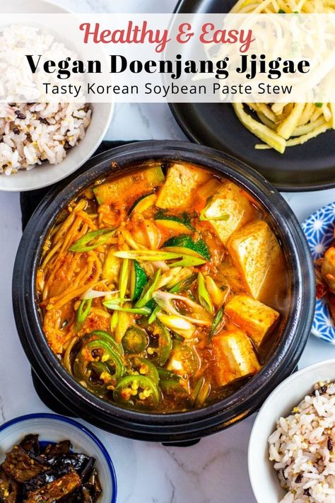 Korean Soybean Paste Stew, Korean Soybean Soup, Vegan Korean Soup, Easy Korean Soup Recipes, Vegan Asian Soup, Soybean Paste Soup, Korean Soup Recipes, Doenjang Jjigae, Vegan Korean Food