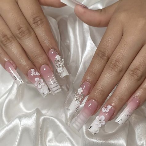 ig: nailsbyshareth All White Nails With Rhinestones, All White Nails, Classy White Nails, White Nails With Rhinestones, Quince Nails, Nails With Rhinestones, Pink Quince, Nails Inspo, Rhinestone Nails