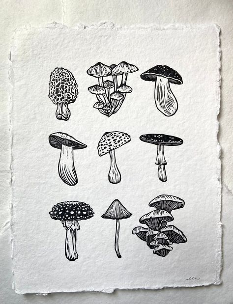 Mushroom Linocut Print, Mushroom Print Art, Carving Print Art, Linoleum Print Mushroom, Mushroom Art Print, Mushroom Printmaking, Mushroom Block Print, Mushrooms Linocut, Cottage Core Paintings