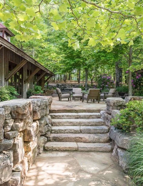 This gorgeous rustic sanctuary in Tennessee appears to float on water Dining Space Ideas, Rustic Landscaping, Hidden Lake, Rustic Landscape, Stone Stairs, Earth Wind, Outdoor Entertaining Area, Backyard Makeover, Floating In Water