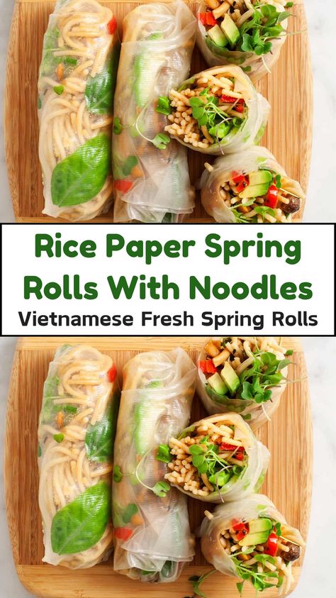 "Try these refreshing Vietnamese Fresh Spring Rolls! Made with rice paper, tender rice noodles, crisp veggies, and fresh herbs, these spring rolls wraps are light, healthy, and packed with authentic flavors. These rice paper wraps are Perfect for meal prep, quick snacks, or as a fresh appetizer for any gathering! How To Make Spring Rolls With Rice Paper, Healthy Rice Paper Rolls Recipe, Veggie Spring Roll Recipe, Asian Rice Paper Wraps, Spring Wraps Recipes, Vietnamese Spring Rolls Vegetarian, Spring Rolls With Noodles, Rice Wraps Spring Rolls, Ricepaper Springrolls