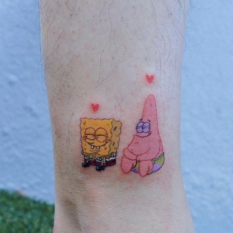 Spongebob And Patrick Tattoos, Spongebob Collection, Spongebob Tattoo, Fandom Tattoos, Friend Tattoos Small, Matching Friend Tattoos, Matching Best Friend Tattoos, Spongebob And Patrick, Bestie Tattoo