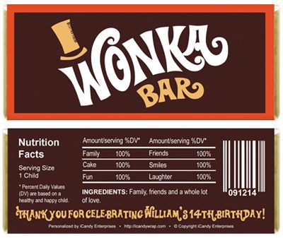 Willy Wonka Halloween, Wonka Bar, Birthday Candy Bar, Charlie Chocolate Factory, Wonka Chocolate Factory, Birthday Candy Bar Wrappers, Willy Wonka Party, Wonka Chocolate, Gene Wilder