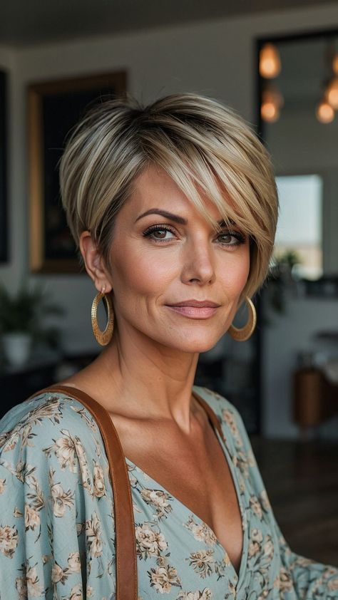 Hairstyle for women over 50 | I want your opinions about this haircut | Facebook Cute Short Hairstyles For Women, Mom Haircuts, Short Hair Images, Short Hair Trends, Messy Short Hair, Mom Hairstyles, Long Bangs, Short Hair Haircuts, Light Blonde