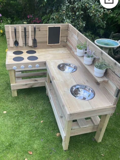 Outdoor Play Kitchen, Mud Kitchens, Backyard Kids Play Area, Diy Mud Kitchen, Kids Outdoor Play, Outdoor Play Area, Stainless Steel Bowls, Mud Kitchen, Backyard Play