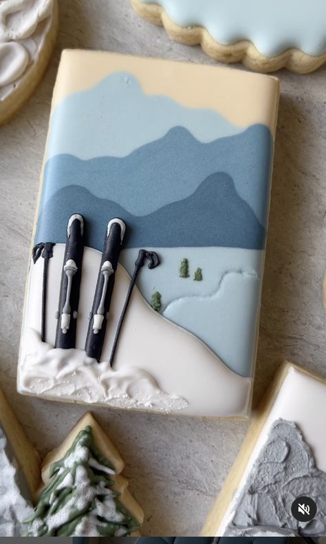 Ski Cookies Decorated, Vacation Cookies Decorated, Skiing Cookies, Adventure Cookies, Snow Scape, Mountain Cookies, Wedding Cookies Decorated, Camping Cookies, Royal Cookies