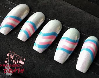 Nails Pictures, Pride Nails, Bright Pink Nails, Flag Nails, Nails Hand Painted, Purple Acrylic Nails, Trans Flag, Pride Makeup, Rainbow Nails