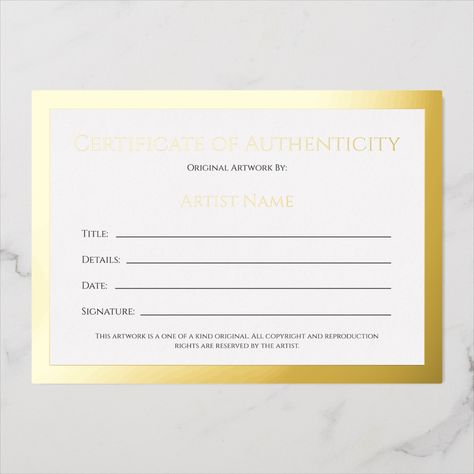 Thick gold border card with Certificate of Authenticity template Certificate Of Authenticity Jewelry, Art Certificate Of Authenticity, Work Completion Certificate, Roofing Certificate Of Completion, Authenticity Certificate, Gold Border, Certificate Of Authenticity, Artist Names, Business Names