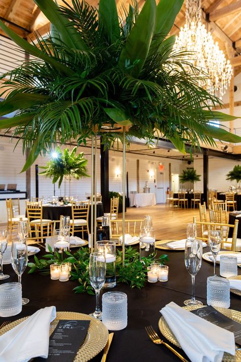 Coming To America Party Theme, Wedding Decorations Green, Weeding Themes, Reception Table Layout, Leaf Centerpiece, Ti Leaf, Barbados Wedding, Tropical Wedding Theme, Tropical Glam