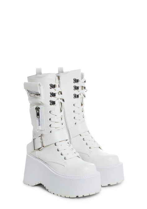 will have you winning every battle. These boots have a vegan leather construction, treaded wedge platform soles, zippered stash pockets on the sides, adjustable buckle detail, front lace-ups, and side zipper closures. Black And White Platform Boots, White Goth Boots, Toeless Shoes, Bulky Boots, Doll Shoes Outfit, White Boots For Women, Preppy Boots, White Platform Boots, White Platforms