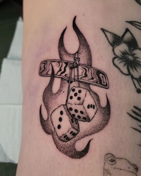 Dice Tattoo Trad, Snake Eye Dice Tattoo, Hanging Dice Tattoo, Fuzzy Tattoo, Fuzzy Dice Tattoo, Flaming Dice Tattoo, Dice Tattoo Design, Husbil Makeover, Flames Tattoo