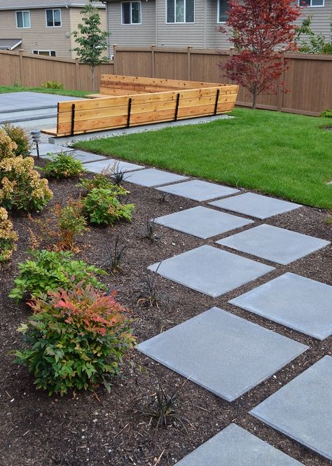 Lynnwood 2x2 modern stepstone paver pathway by Sublime Garden Design (800x570) 2 Stone Walkways, Garden Pavers, Pavers Backyard, Side Yard Landscaping, Walkway Landscaping, Pathway Landscaping, Paver Walkway, Patio Pavers, Modern Backyard Landscaping